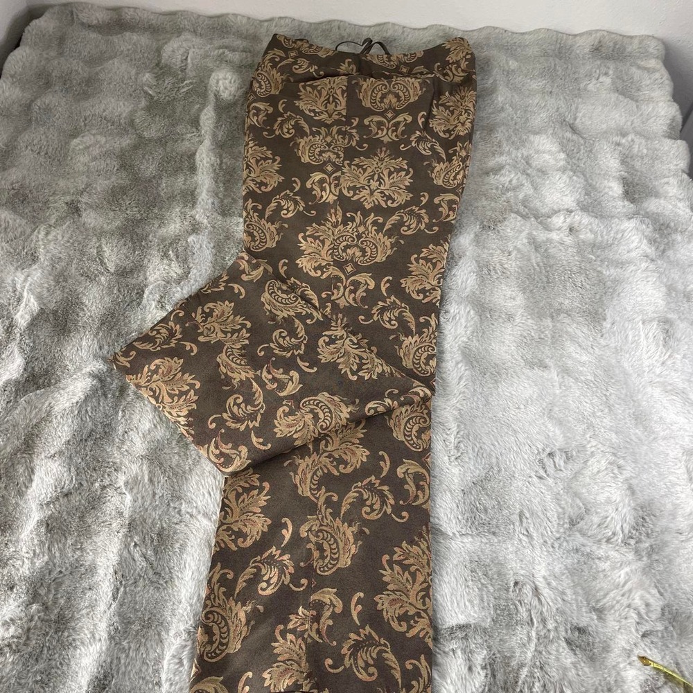 Talbots Silk Wool Damask Pants Brown Gold Wide Leg Trousers Womens 16-0186